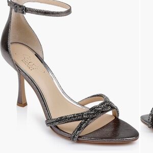 Jewel Badgley Mischka Metallic Gunmetal Crystal-Strap Ankle-Heel Sandal - NWT